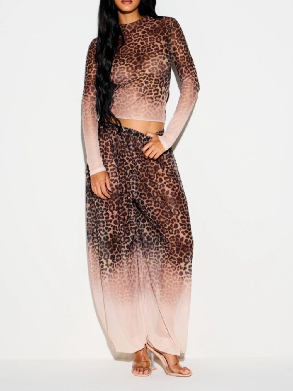Tan Digital Leopard Print Sheer Wide Leg Pants - Ombre Fade - Picture 3 of 5